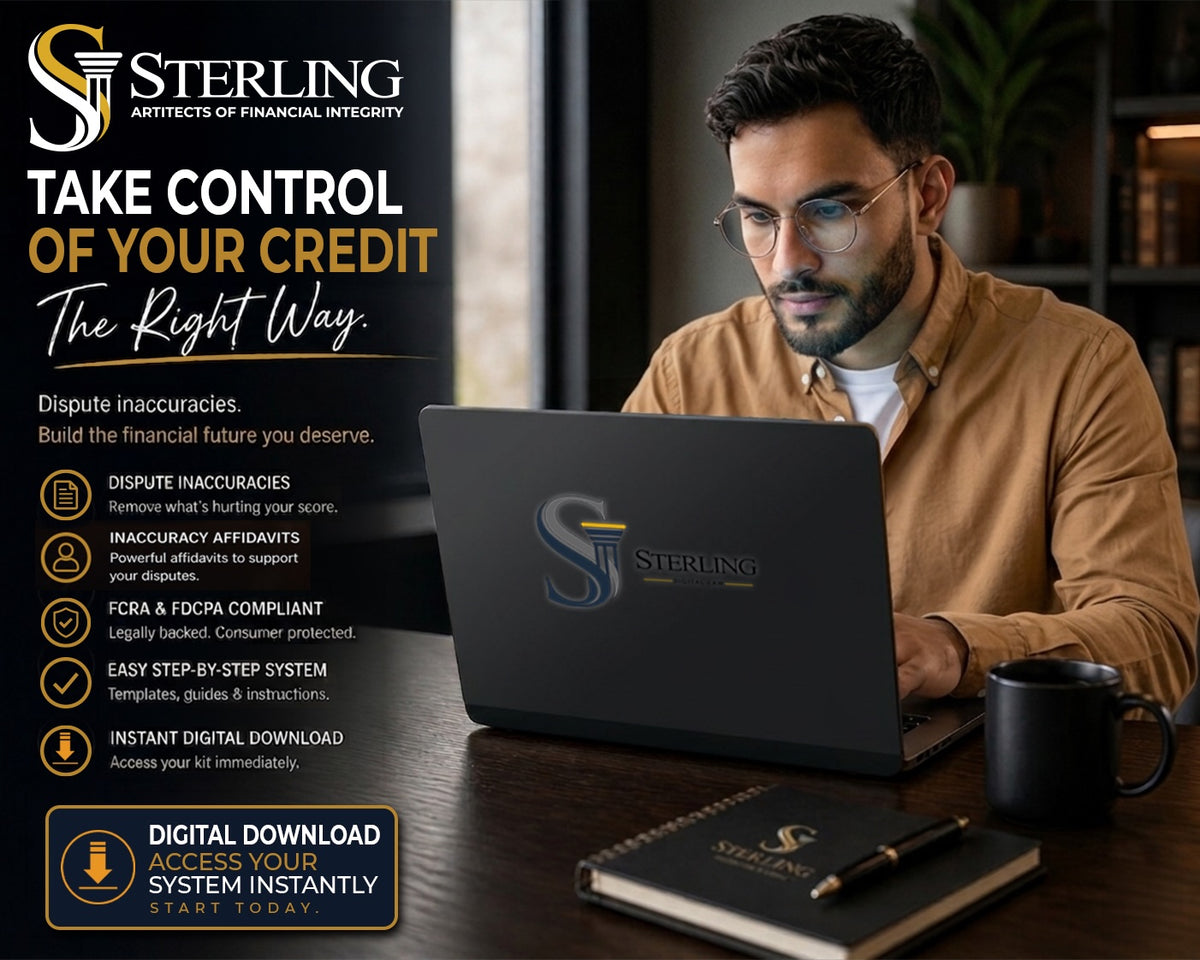 Man in tan shirt wearing glasses using laptop with Sterling credit repair template package marketing materials displayed.