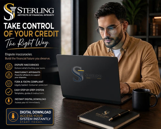 Man in tan shirt wearing glasses using laptop with Sterling credit repair template package marketing materials displayed.