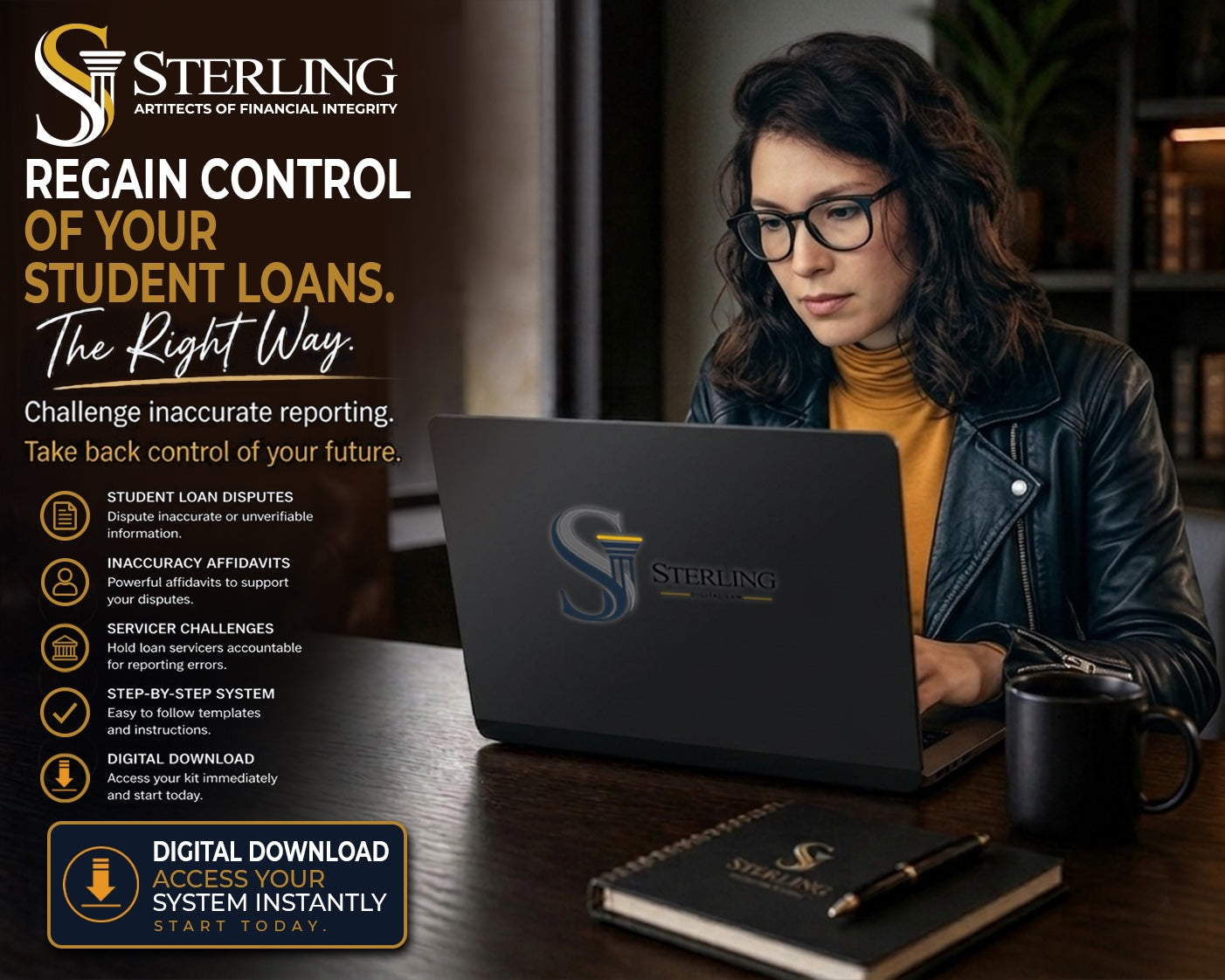 Woman wearing glasses and black jacket working on laptop displaying Sterling Architects of Financial Integrity logo at desk w